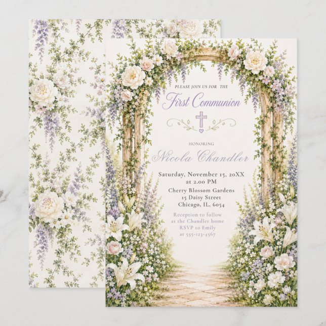 Floral Garden Arch First Communion Invitation (Front/Back)