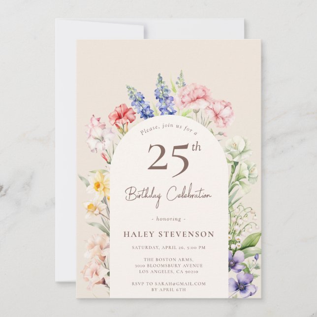 Floral Garden Arch Whimsical Beige 25th Birthday Invitation (Front)