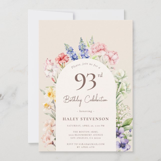 Floral Garden Arch Whimsical Beige 93rd Birthday Invitation (Front)