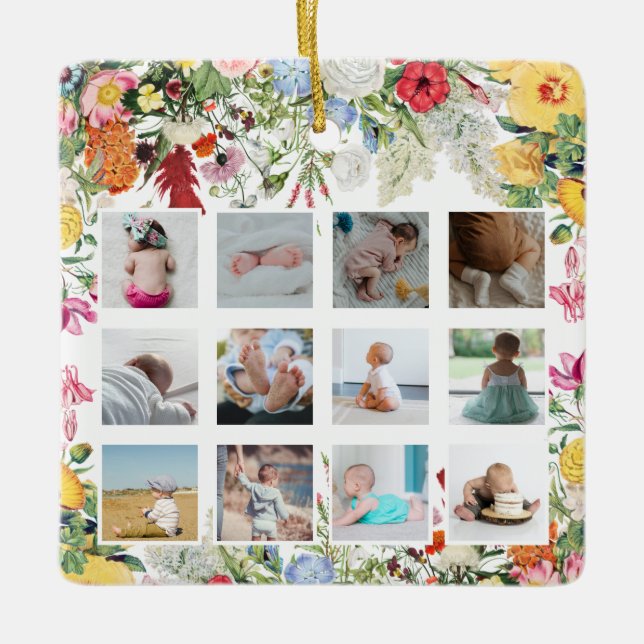 Floral Garden Baby First Year Photo Collage  Ceramic Ornament (Front)