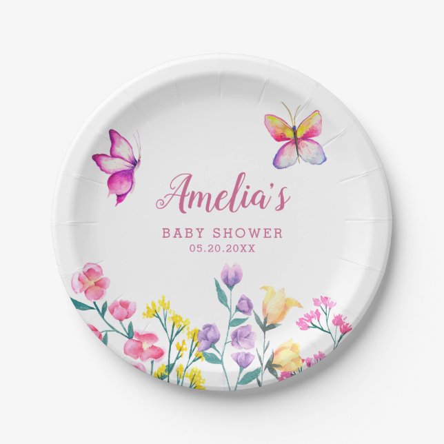 Floral Garden Baby Shower Butterfly Theme Paper Plate (Front)