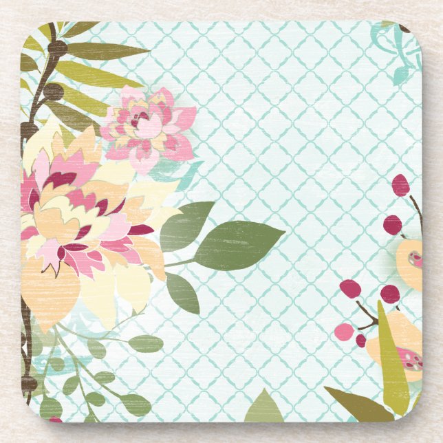 Floral Garden, Blue Background Coaster (Front)