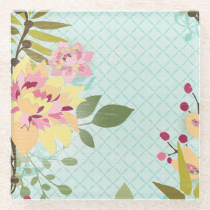 Floral Garden, Blue Background Glass Coaster