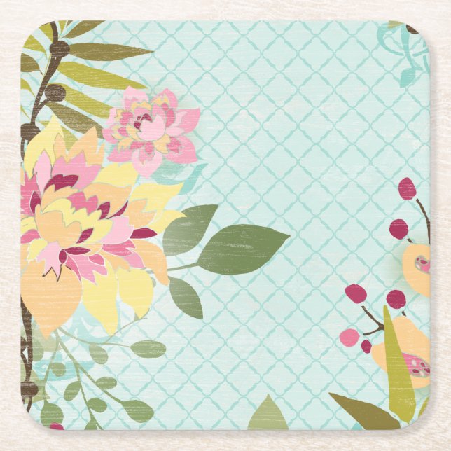 Floral Garden, Blue Background Square Paper Coaster (Front)