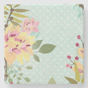 Floral Garden, Blue Background Stone Coaster