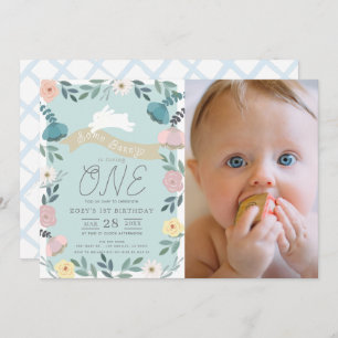 Floral Garden Blue White Bunny Photo 1st Birthday Invitation