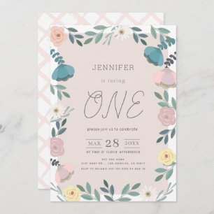 Floral Garden Blush Pink GIrl 1st Birthday Invitation