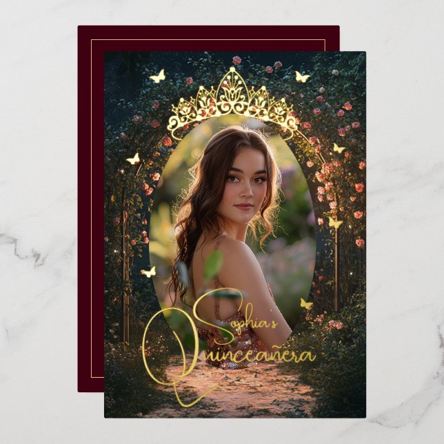 Floral Garden Butterfly Photo Burgundy Quinceanera (Front/Back)