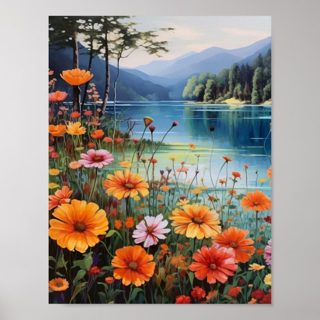 Floral Garden By a Lake Spring Day  Poster (Front)
