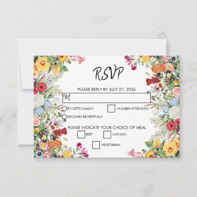 Floral Garden Colourful Flowers Wedding RSVP Card (Front)