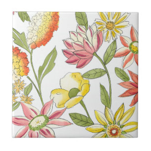 Floral Garden Design with White Background Ceramic Tile
