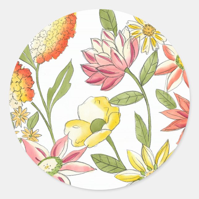 Floral Garden Design with White Background Classic Round Sticker (Front)