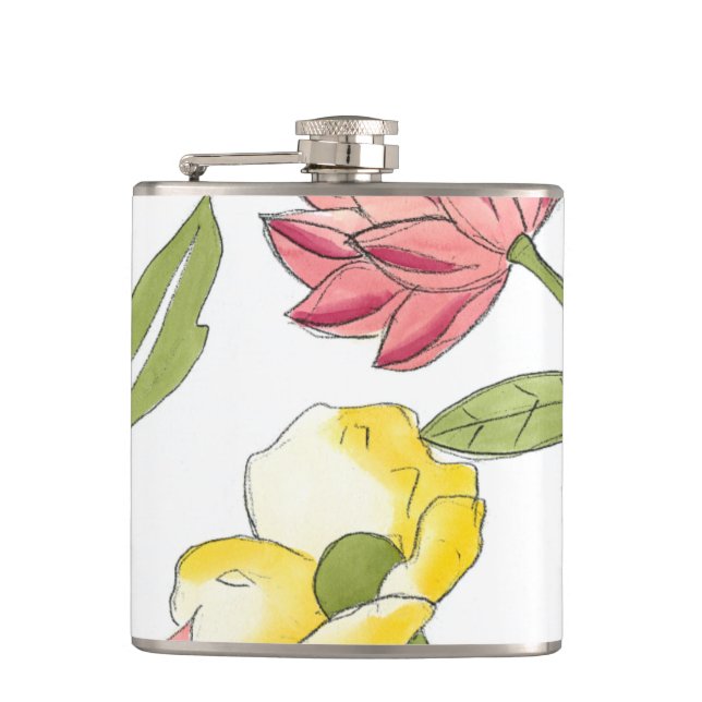 Floral Garden Design with White Background Hip Flask (Front)