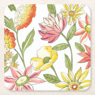 Floral Garden Design with White Background Square Paper Coaster