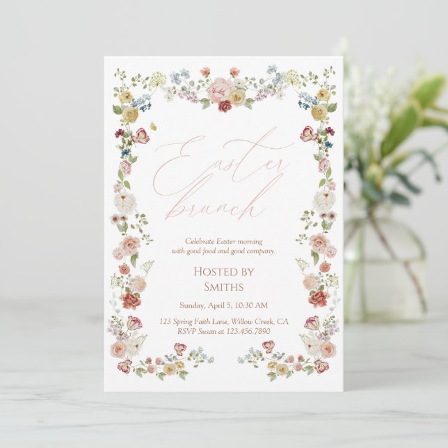 Floral Garden Easter Brunch Elegant Spring Family  Invitation (Standing Front)