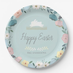Floral Garden Easter Bunny Eggs Blue Paper Plate