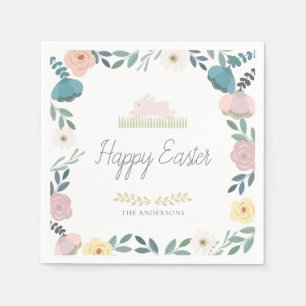 Floral Garden Easter Bunny White Napkin