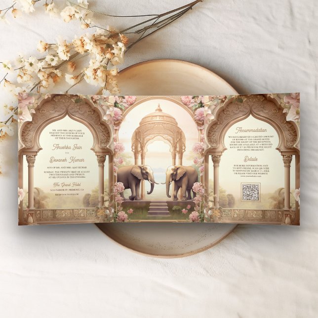 Floral Garden Elephants Indian Palace Wedding Tri-Fold Invitation (Creator Uploaded)