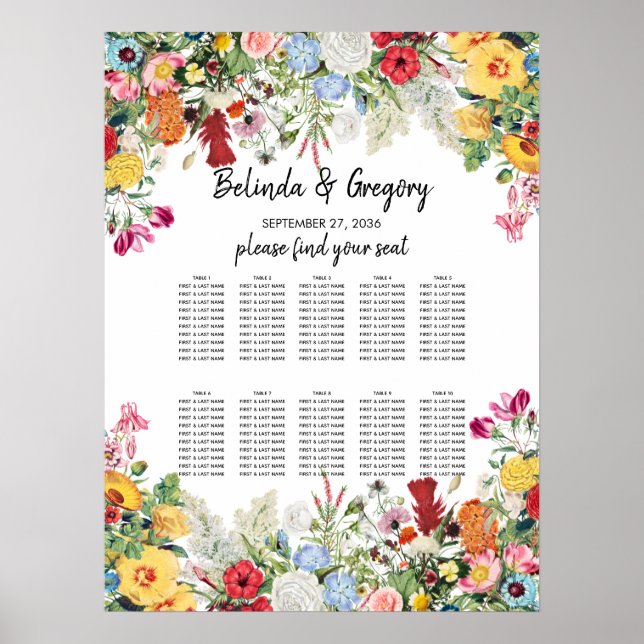 Floral Garden Flowers Wedding Seating Chart (Front)