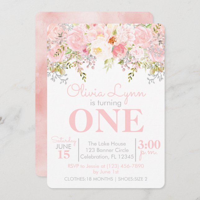 Floral Garden Girl First Birthday Invitation (Front/Back)