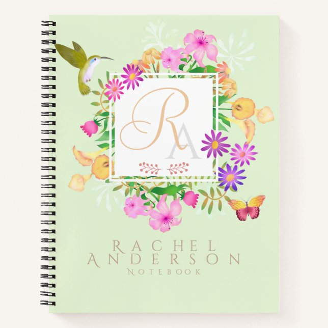 Floral Garden Green Monogram Notebook (Front)