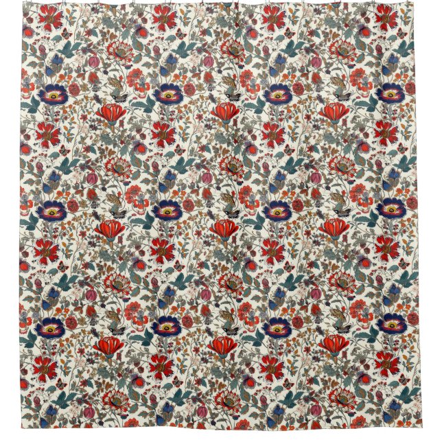Floral Garden in Reds and Dark Blues Shower Curtain (Front)
