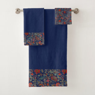 Floral Garden in Reds Border on Dark Blue Bath Towel Set