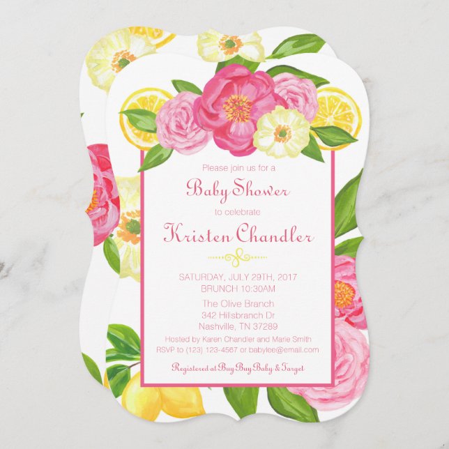 Floral Garden Lemon Girl Baby Shower Invitation (Front/Back)