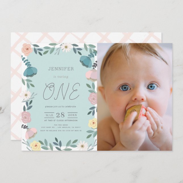 Floral Garden Light Blue GIrl Photo 1st Birthday Invitation (Front/Back)
