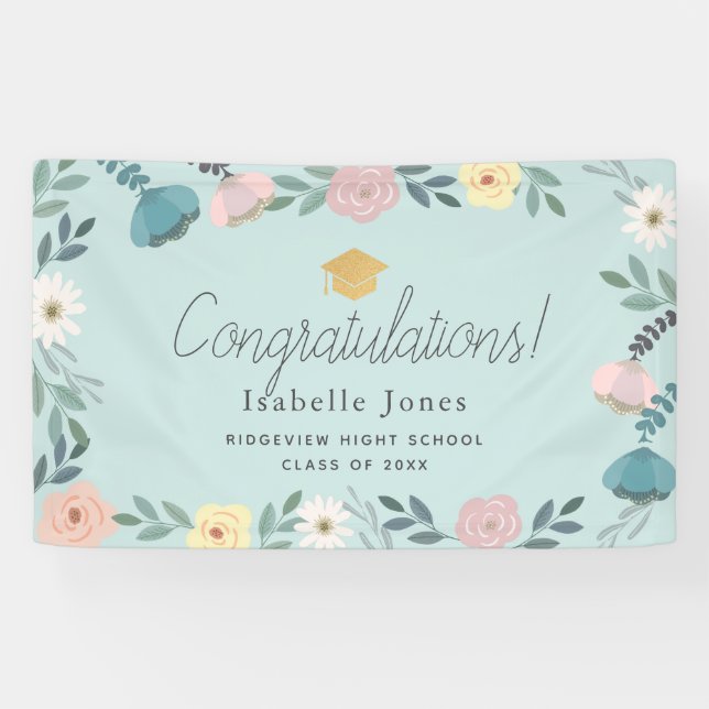 Floral Garden Light Blue Graduation Banner (Horizontal)