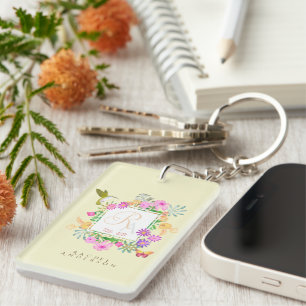 Floral Garden Monogram Beige Yellow Key Ring