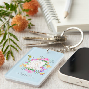 Floral Garden Monogram Blue Key Ring