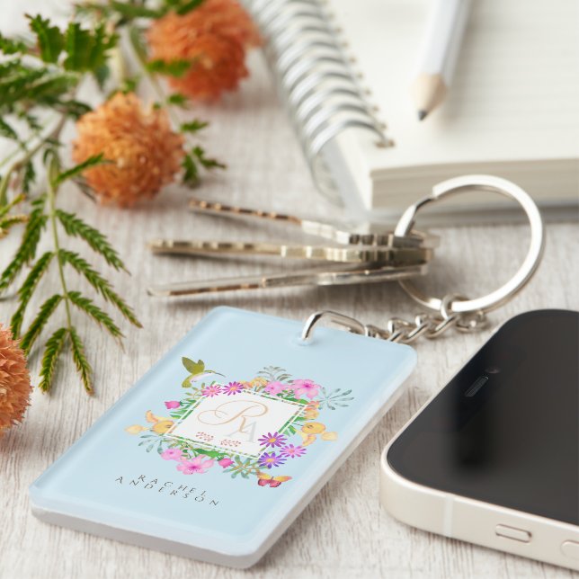 Floral Garden Monogram Blue Key Ring (Front Right)