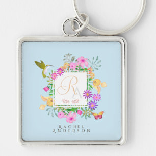 Floral Garden Monogram Blue Key Ring