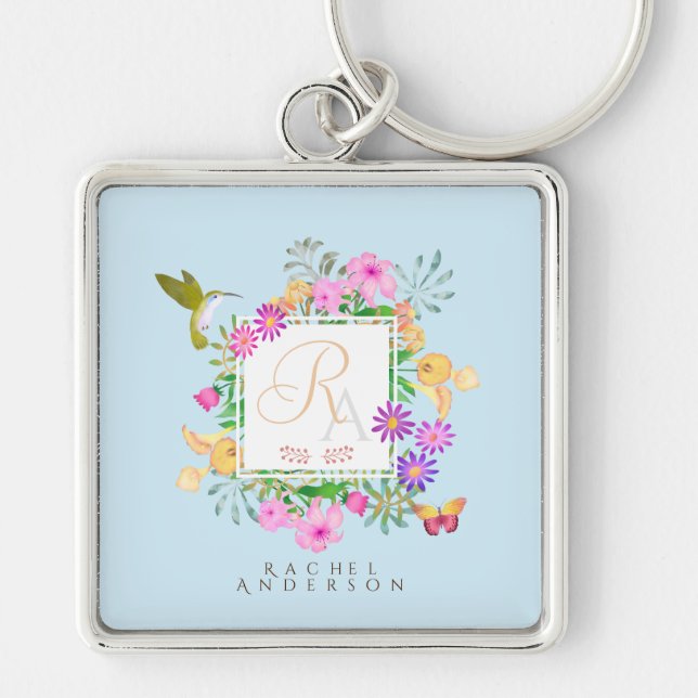 Floral Garden Monogram Blue  Key Ring (Front)