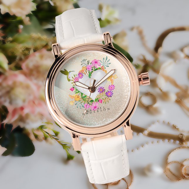 Floral Garden Monogram Champagne Round Watch (Elegant and Chic Floral Garden Monogram Ladies Watch For Your Special One.)