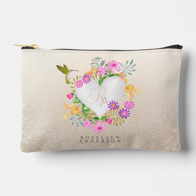 Floral Garden Monogram Heart Beige Accessory Pouch (Front)