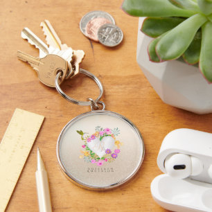 Floral Garden Monogram Heart Beige Key Ring