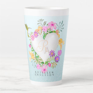 Floral Garden Monogram Heart Blue Latte Mug