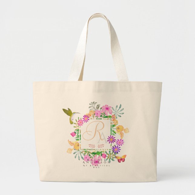 Floral Garden Monogram Large Tote Bag (Front)