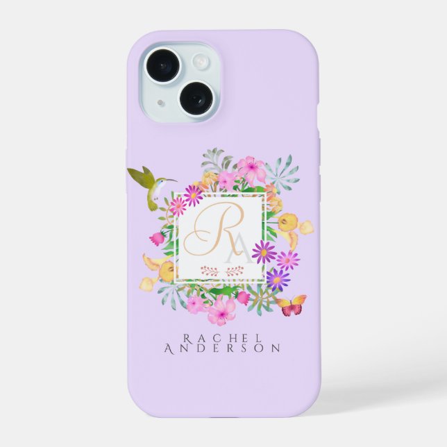 Floral garden Monogram Purple iPhone 15 Case (Back)