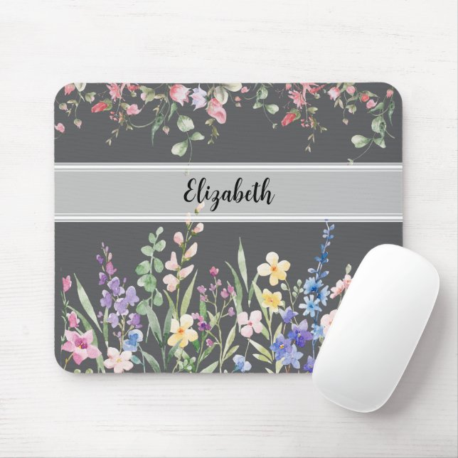 Floral Garden Monogram Script Dark Grey Mouse Pad (With Mouse)