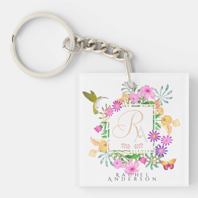 Floral Garden Monogram White Key Ring (Front)