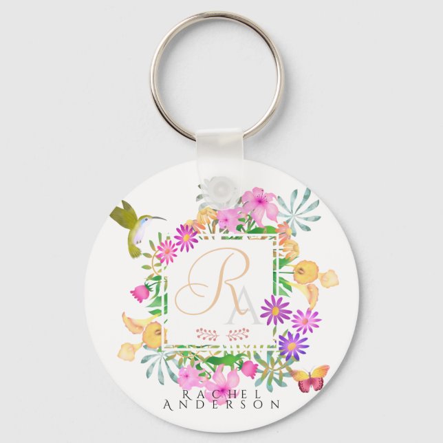 Floral Garden Monogram White Key Ring (Front)