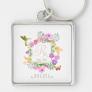 Floral Garden Monogram White Key Ring
