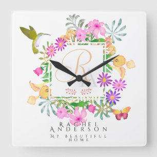 Floral Garden Monogram White Square Wall Clock