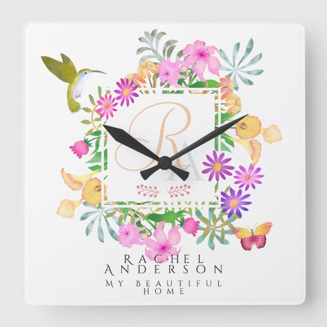 Floral Garden Monogram White Square Wall Clock (Front)