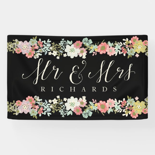 Floral Garden Mr & Mrs Wedding Script Banner (Horizontal)