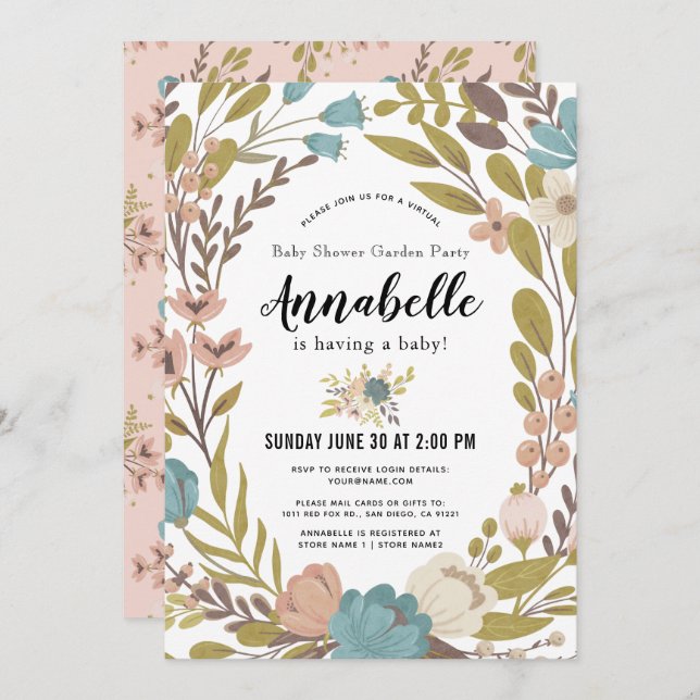 Floral Garden Party White Virtual Baby Shower Invitation (Front/Back)