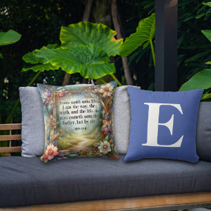 Floral Garden Path Scripture Blue Monogram Cushion